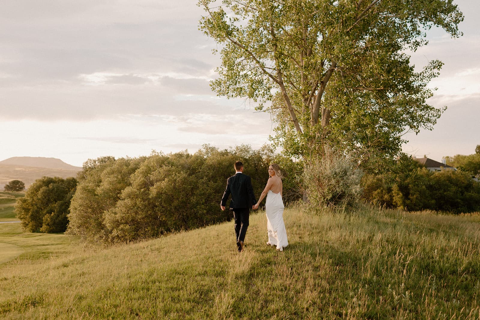 Newlywed couple walking hand in hand through a golden meadow at sunset at The Oaks at Plum Creek in Castle Rock, Colorado
